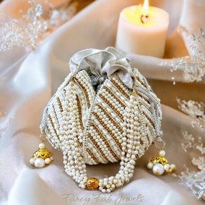 Pearl Embellished Potli Bag: Silver Grey Bridal Purse