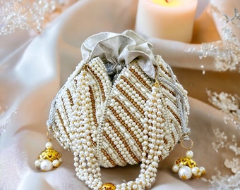 Pearl Embellished Potli Bag: Silver Grey Bridal Purse