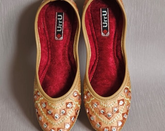 Peachy Gold Jutti Shoes: Handmade Indian Khussa Ballerinas
