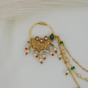 Antique Gold Kundan Polki Nose Ring with Triple Chain - Indian Nath (Non Pierced)