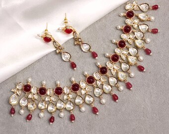 Handcrafted Moissanite Polki Choker Set: Pearl Necklace & Stud Earrings