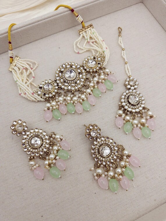 Pastel Kundan Choker Set with Mint Green & Pink Drops | Indian Wedding Jewelry | Antique Gold Polki Jewelry Set For Bridesmaid Gift For Her