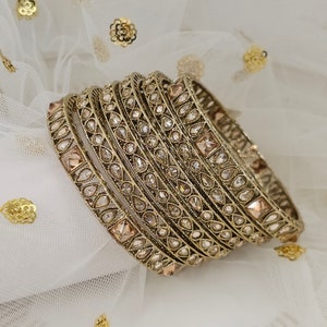 Antique Gold Polki Armreifen: Indischer pakistanischer Schmuck, CZ Diamant - Set von 6