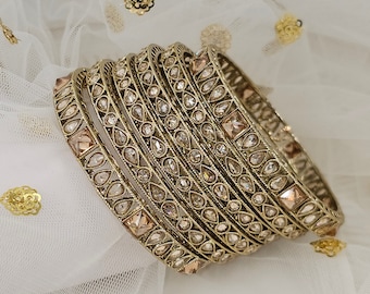 Antique Gold Polki Bangles - Set of 6, Bangle Set, Bracelet, Indian Pakistani Jewelry, Gift For Her, Anniversary Gift, Christmas Gift
