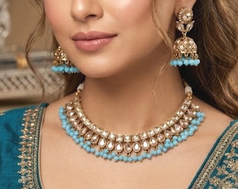 Antique Gold Polki Choker Set with Jhumka Earrings, Blue Beaded Bridal Jewelry, Indian Pakistani Wedding Necklace, Statement Partywear
