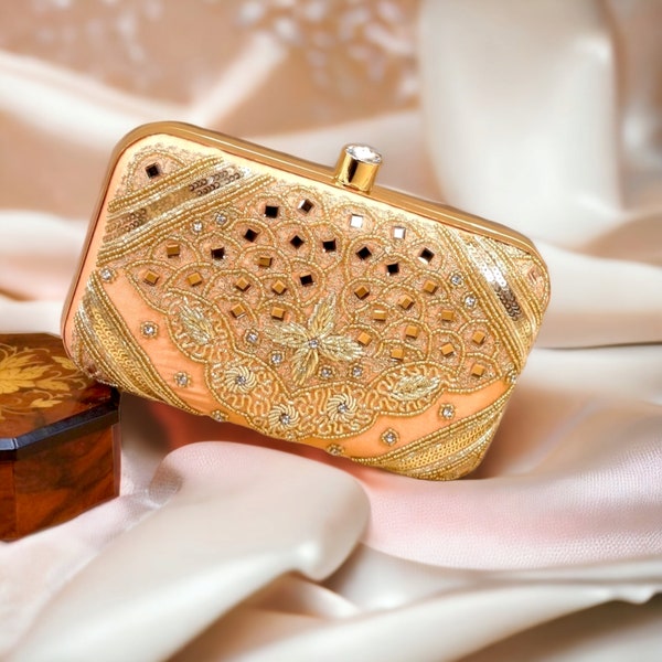 Rutba Peach Gold Designer Pearl Work Indian Bridal Clutch Bag, Evening Purse, Indian Pakistani Jewelry