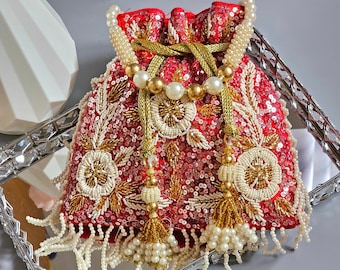 Luxury Red Silk Potli Bag: Handcrafted Pearl Sequin Evening Bag