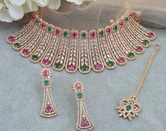 CZ Choker Necklace Set: American Diamond Indian Bridal Jewelry