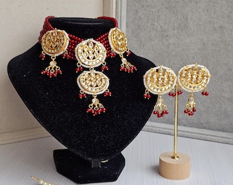 Gold Maroon Traditional Kundan Choker Necklace, Earrings and Mang Tikka  Set: Indian Pakistani Bridal Jewellery Set