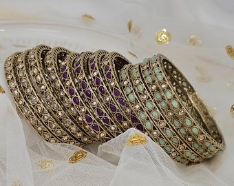 Antique Gold Coloured Polki Stone Indian Asian Bangles set of 4, Chooriyan Bangle Set, Kangan Bangles