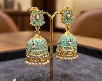 Gold Plated Meenakari Jhumka Earrings, Indian Bridal Kundan Dangle Earrings, Pakistani Wedding Jewelry, Bridesmaid Jhumki Gift for Her