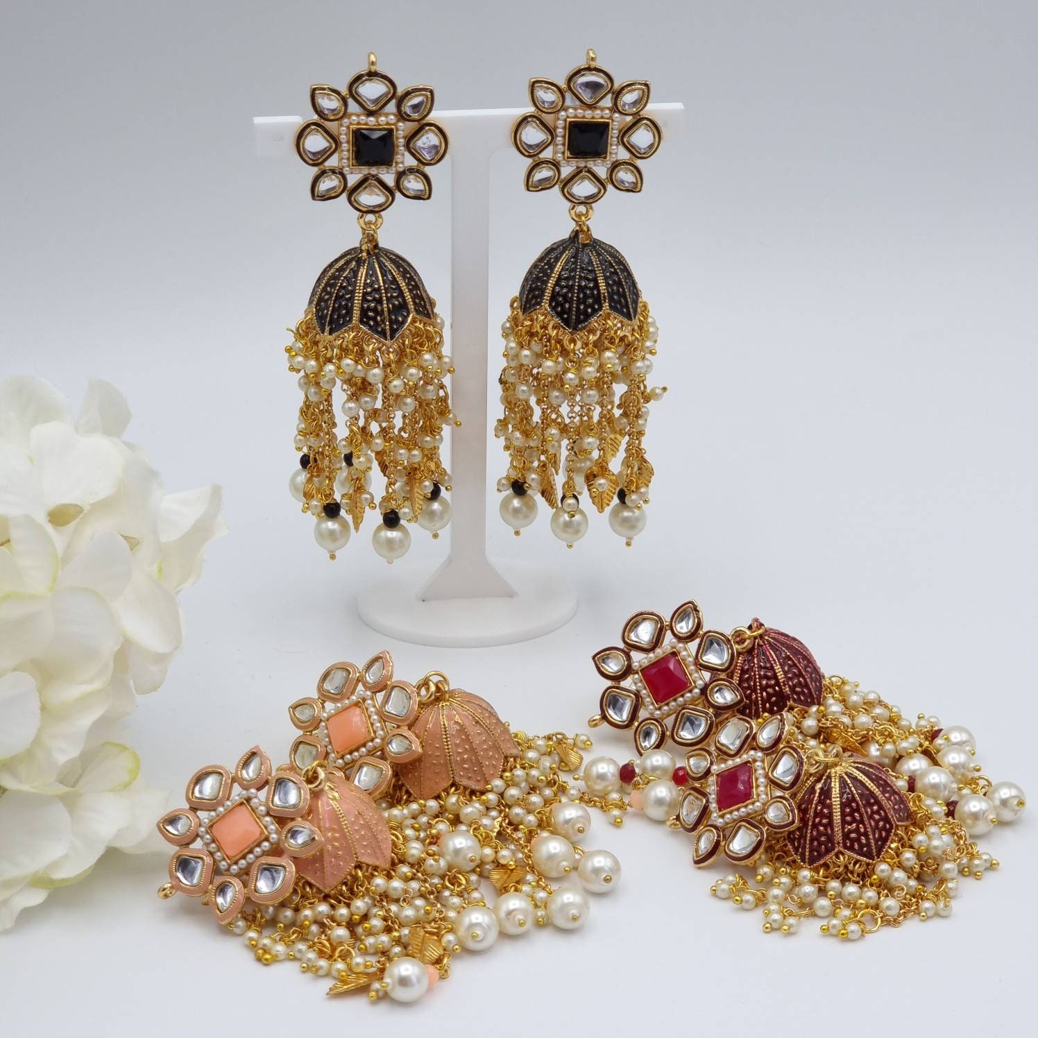 Boucles D'oreilles Anciennes Indiennes Ghazi - Jhumka Kundan Plaqué Or, Perles Rouges, Dans Coffret Cadeau