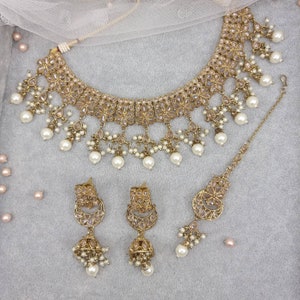 Gold Polki Choker Necklace Set: Indian Bridal Jewelry with Tikka & Jhumki Earrings
