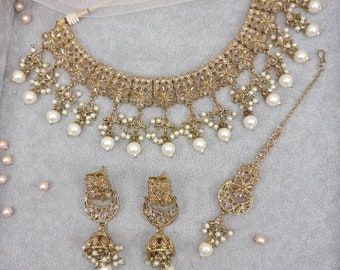 Gold Polki Choker Necklace Set: Indian Bridal Jewelry with Tikka & Jhumki Earrings