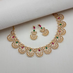 Gold Finish Multi Colour CZ Necklace Set Beautiful Indian AD Jewelry with Earrings for Bridal and Modern Designs Occasionally & Special Gift