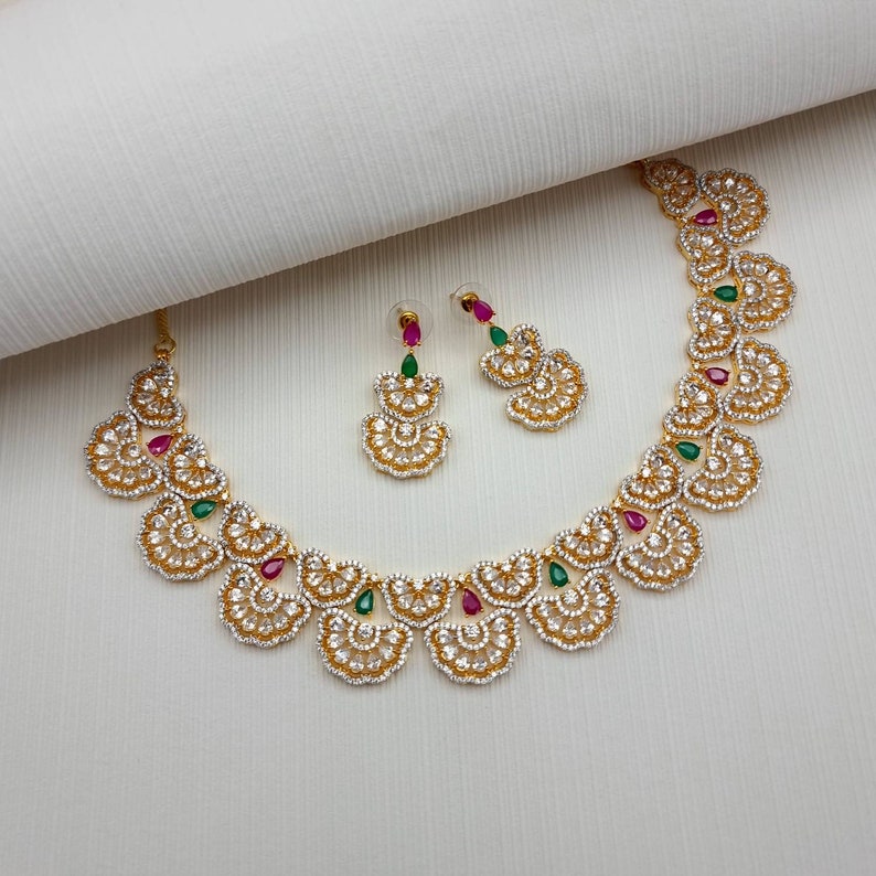 Gold Finish Multi Colour CZ Necklace Set Beautiful Indian AD Jewelry with Earrings for Bridal and Modern Designs Occasionally & Special Gift