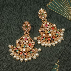 Iqra Heeramandi Mossanite Polki Chandbali Earrings, Indian Jewellery,Bridal Earrings Gift For Her, Wedding Jewelery, Drop Earrings