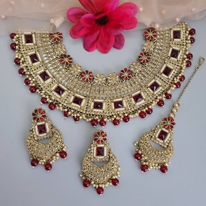 Maroon Polki Diamond Bridal Choker Necklace Set: Indian Jhumka Earrings & Tikka