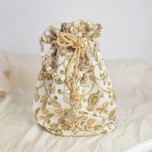 Sona - Gold Embriodered Batwa Indian Bridal Potli Bag with Detailed Pearl hanging, Evening Purse, Indian Pakistani Jewellery
