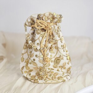 thumbnail image 2 of Potli Bag For Women Ethnic Gold, Pearl Handle Floral Accents, Drawstring Closure Pearls Handle Batwa Clutch Purse 2 of 14