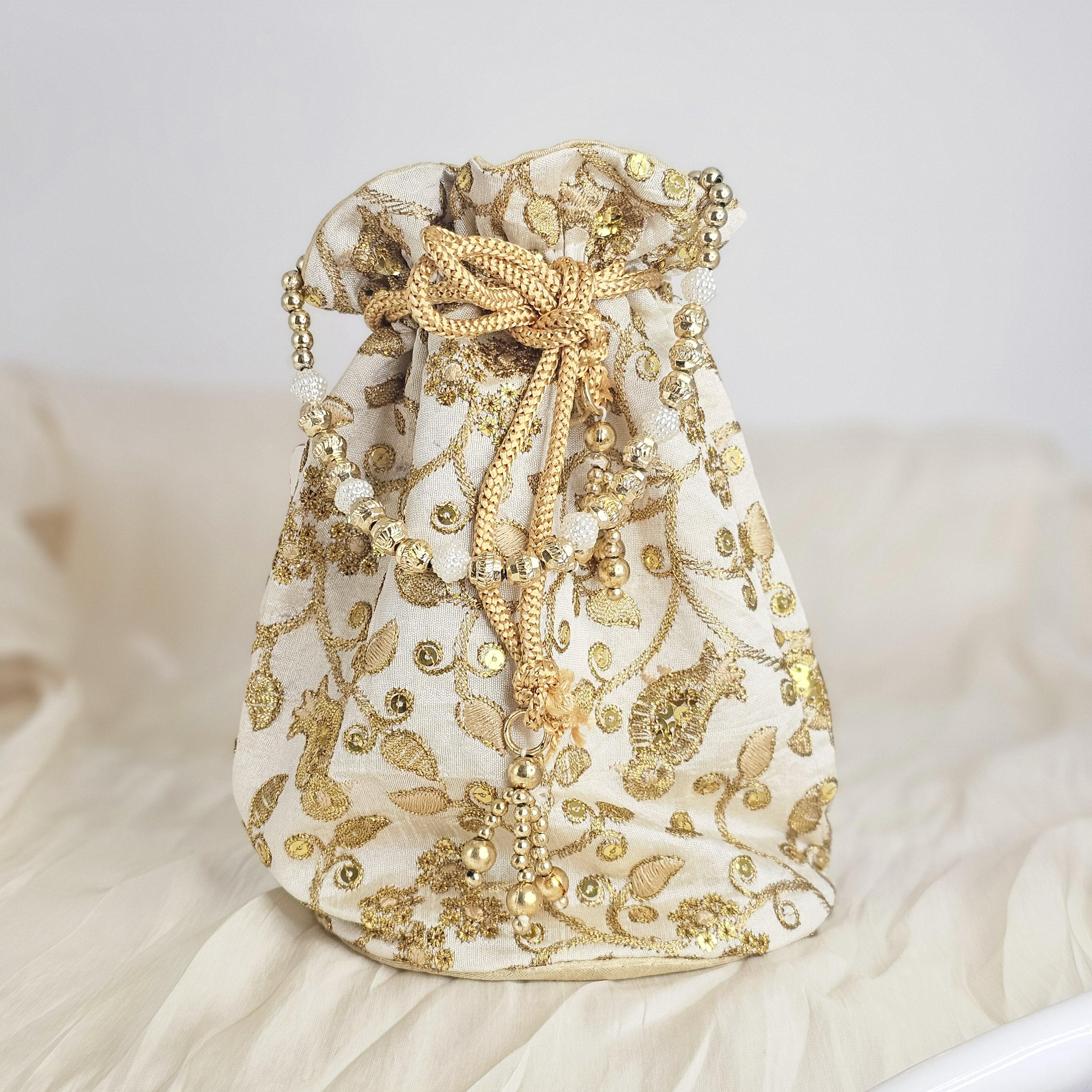 Sona Gold Embriodered Batwa Indian Bridal Potli Bag With