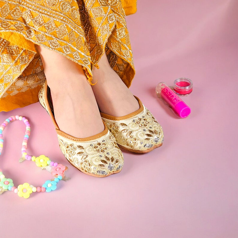 Girls Gold Embroidered Khusa Sandal: Pakistani Indian Jutti image 1