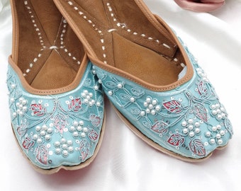 Light Blue Beaded Mojari: Pearl & Sequin Bridal Jutti