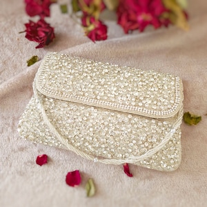 Luna - Luxury Silver Hand-crafted Embellished Clutch Bag, Indian Bridal Clutch bag, Evening Purse, Silver Clutches for wedding