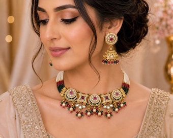Zestaw naszyjników Navratan Kundan z kolczykami Jhumka, wielokolorowy naszyjnik ślubny, biżuteria Bollywood, tradycyjny złoty indyjski naszyjnik choker