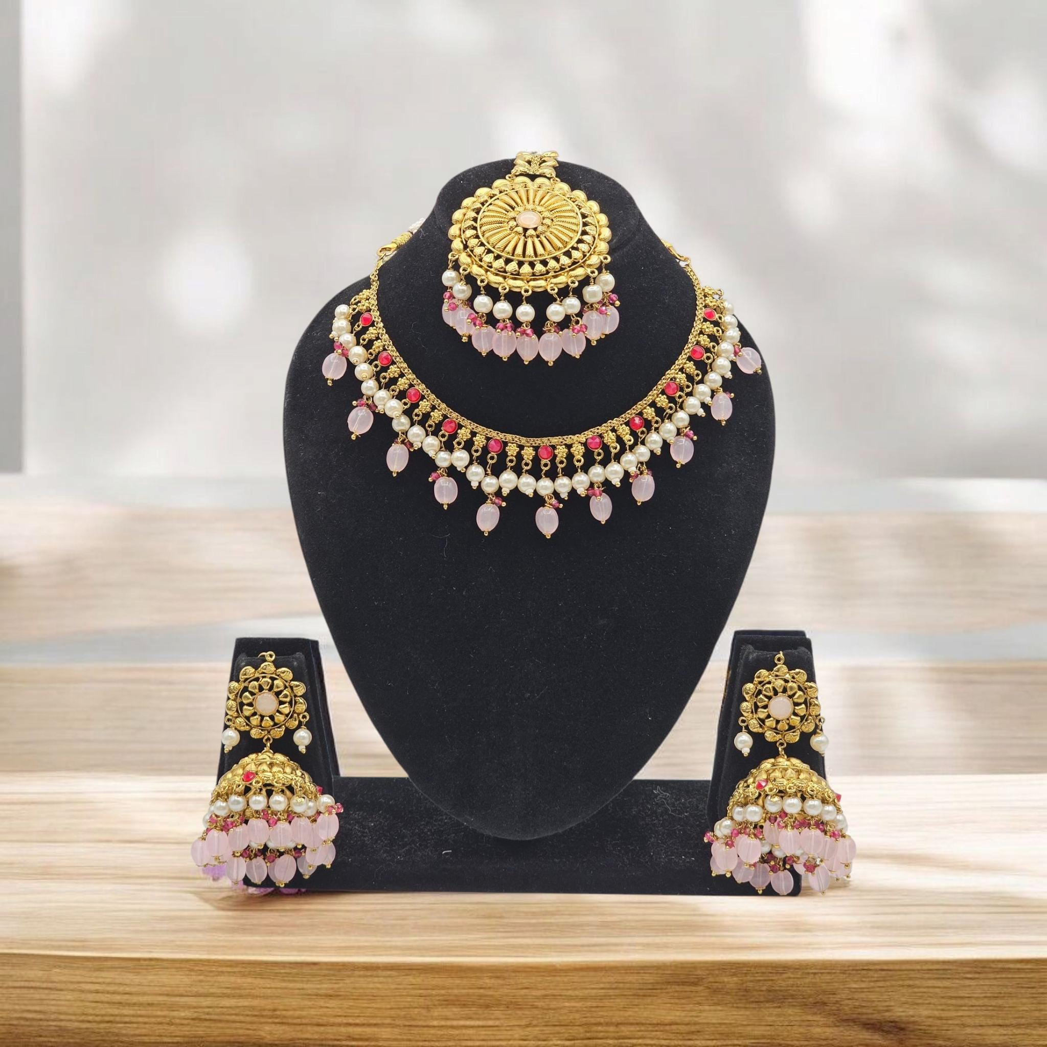 Gold Plated Choker Necklace Set: Jhumka Earrings & Mang Tikka