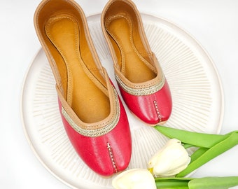 Red Leather Juttis for Girls: Handmade Khussa Shoes with Gold Zari