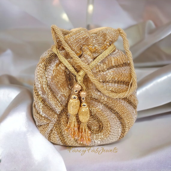 Potli Bag Black Golden Potli Drawstring Pouch Indian Bridal Embroidery  Dolly Bag | eBay