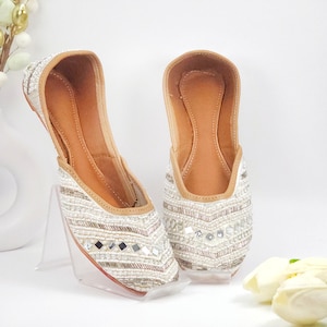 Handmade White Embellished Jutti: Indian Pakistani Khussa Shoes