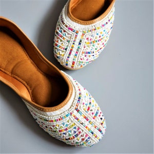 Embellished Jutti Shoes: White Multicolour Khussa, Handmade Indian Footwear