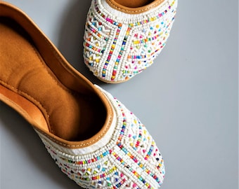 Esmee - White Multicolour Embellished Jutti ,Indian Pakistani Khussa, Punjabi Jutti, Ballerina, Hamdmde Jutti, Shoes, Footwear