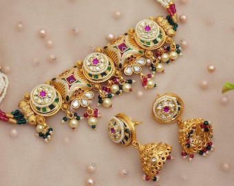 Navratan Kundan Choker Set | Multi-Color Statement Bridal Necklace | Bollywood Inspired Jewelry | Traditional Indian Choker with Earrings