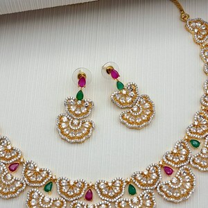 Gold Finish Multi Colour CZ Necklace Set Beautiful Indian AD Jewelry with Earrings for Bridal and Modern Designs Occasionally & Special Gift