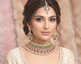 Bridal Choker Necklace Set with Earrings and Maang Tikka, Statement Wedding Jewelry Set, Indian Bridal Jewelry, Festive Party Wear Jewelry
