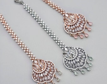 American Diamond Silver and Rose gold Tikka. Indian Jewelry, Pakistani Jewelry, Mehndi look