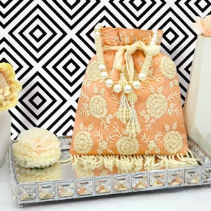 Peach Potli Bag: Handcrafted Silk Pearl Evening Bag