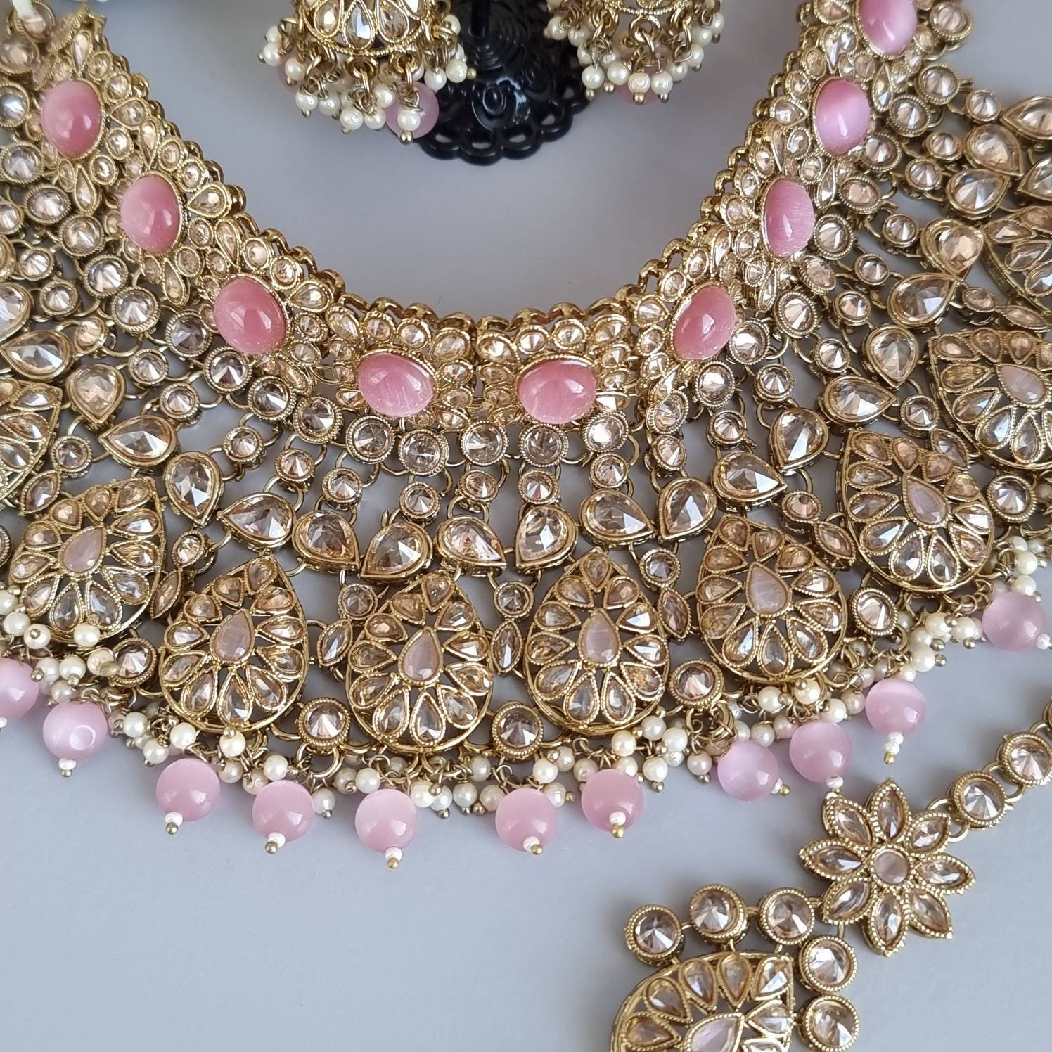 Pink Antique Gold Polki Bridal Choker Necklace Set With Jhumka -  Israel