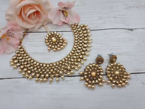 Antique Gold Kundan Necklace Set With Color Beads Pearl Indian