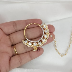 Anillo de nariz de diamantes para novia único con cadena, delicado y encantador anillo de nariz indio, anillo de nariz perforado con baño de oro, pendiente de nariz colgante para regalo.