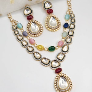 Aliyah - Uncut Kundan Jewellery Set, Rani Haar, Long Necklace Set with Earrings, Pearl Kundan Jewelry, Indian Necklace Set, Mala Necklace