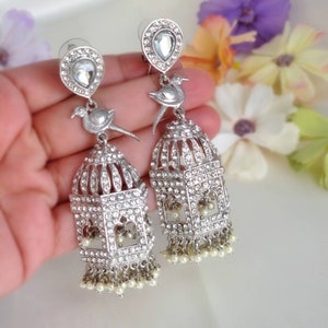 Silber Vogelkäfig amerikanischer Diamant CZ Jhumki Ohrring / AD jhumki / indischer Schmuck / asiatischer Schmuck / ethnischer Schmuck