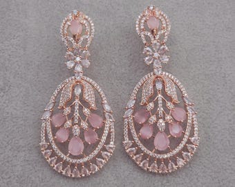 Pendientes colgantes de oro rosa con diamantes americanos y circonitas cúbicas, pendientes de plata, pendientes de cóctel, pendientes llamativos, joyería nupcial india, regalo para damas de honor