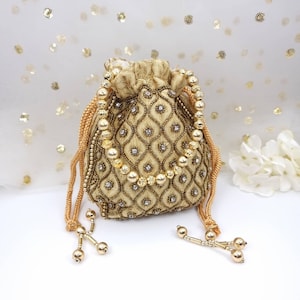 Gold Rosa gestickte Batwa indische Braut Potli Tasche mit detailliertem Perlenhängen, Abendtasche, indischer pakistanischer Schmuck
