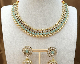 Antique Gold Polki Necklace Set with Jhumka Earrings & Maang Tikka | Indian Bridal Jewelry | Wedding Jewelry Set | Ethnic Jewelry