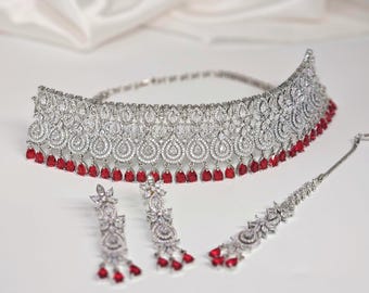 Silver CZ Choker Necklace Set: American Diamond Bridal Jewelry