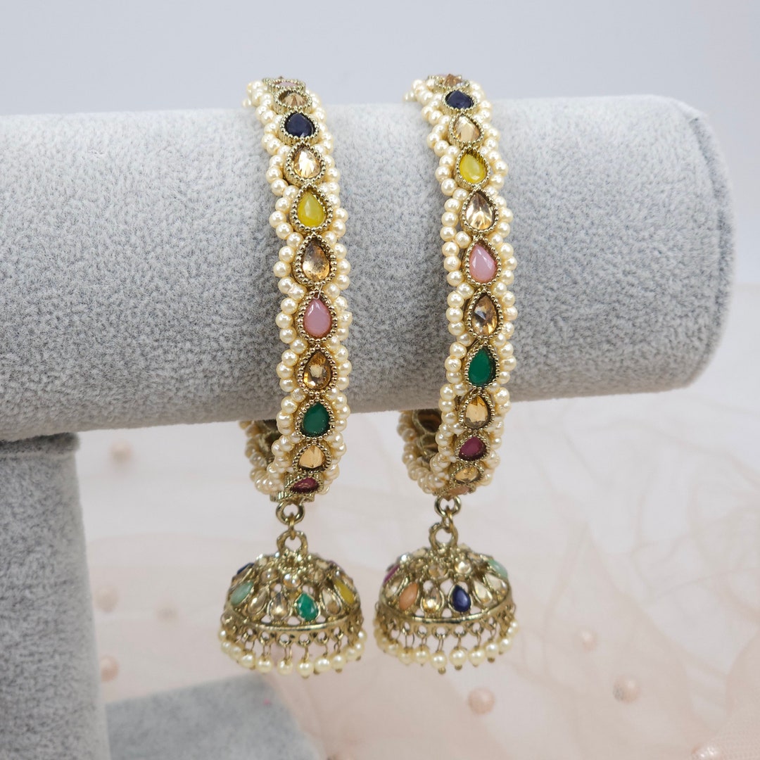 Sanya Polki Stone Jhumka Bangles, Indian Asian Bangle Set
